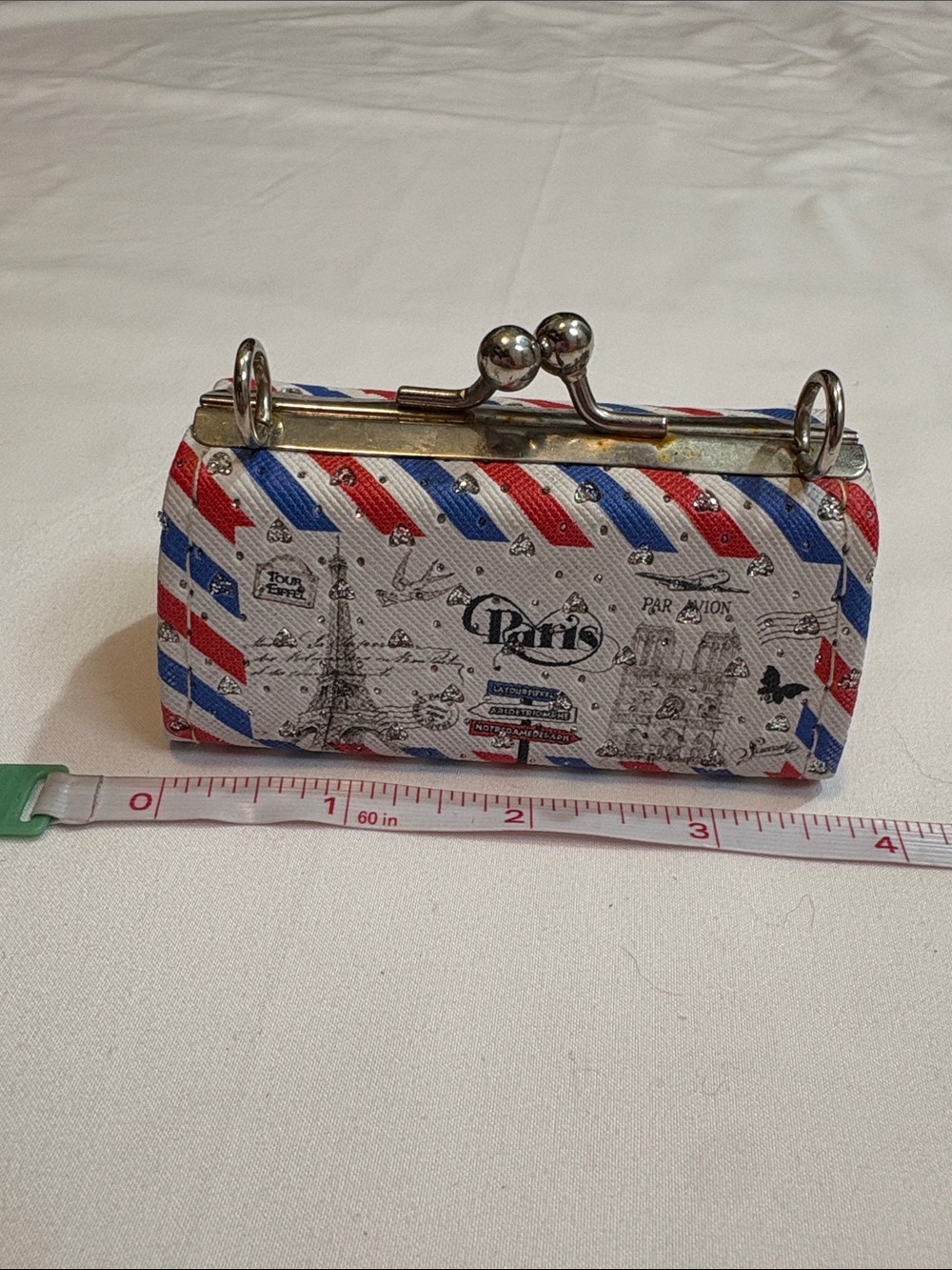 Mini Paris Rhinestone Sparkle Red White and Blue Stripe Kiss Lock Coin Purse
